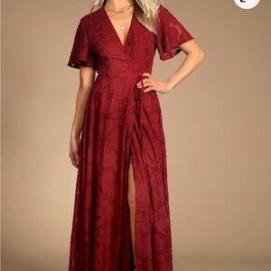 Lulus Wine Red Floral Jacquard Wrap Maxi Dress